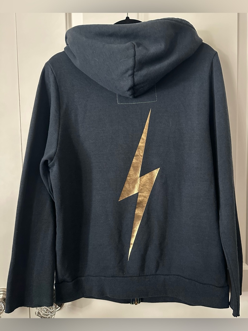 Aviator Nation Navy Gold Bolt Zip Hoodie Women’s Large Raw Edge Sleeves - Picture 5 of 15